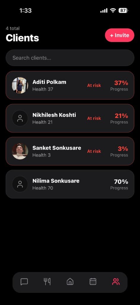 Client roster with health scores and at-risk alerts
