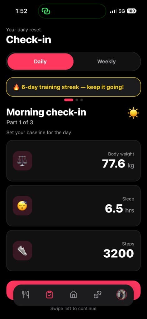 Daily check-in with hydration tracking and streak
