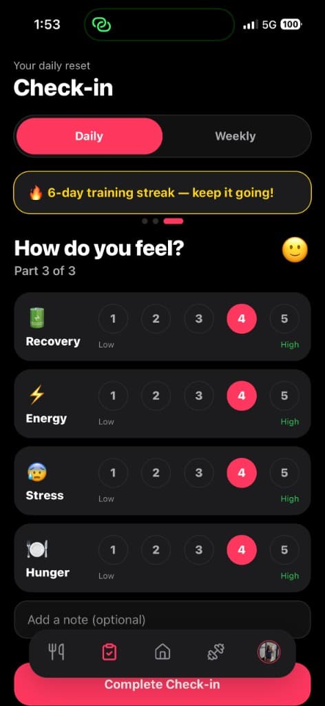 Check-in with recovery, energy, stress, and hunger ratings