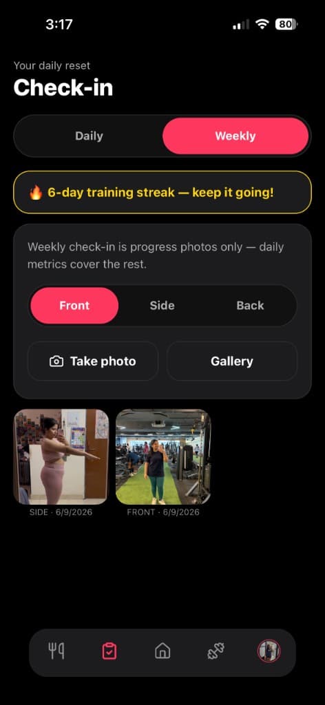 Profile with workout stats, streak, PRs, and training frequency