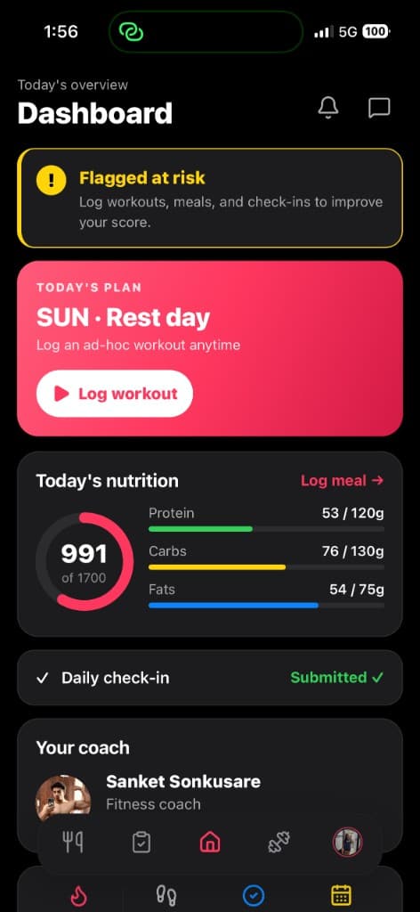Personal dashboard with nutrition, check-in status, and coach connection