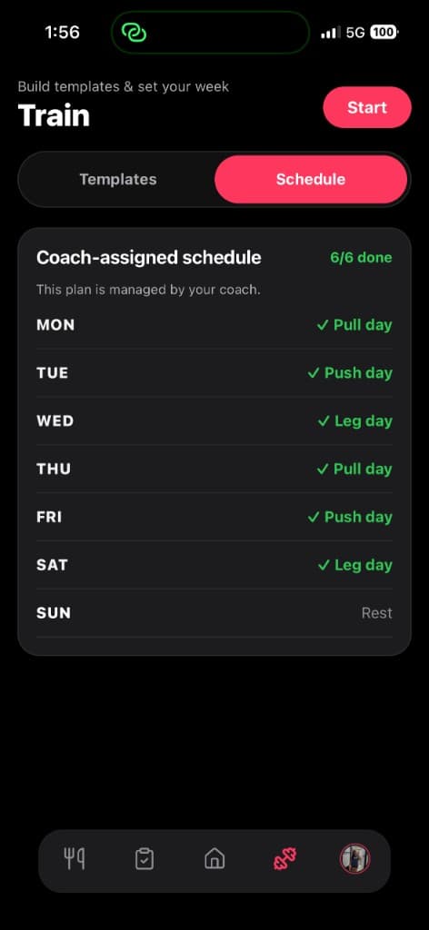 Coach-assigned weekly schedule with completed workouts