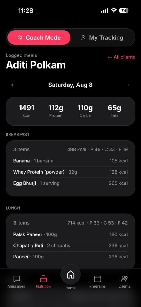 Aroven coach view of a client's logged meals and daily macros