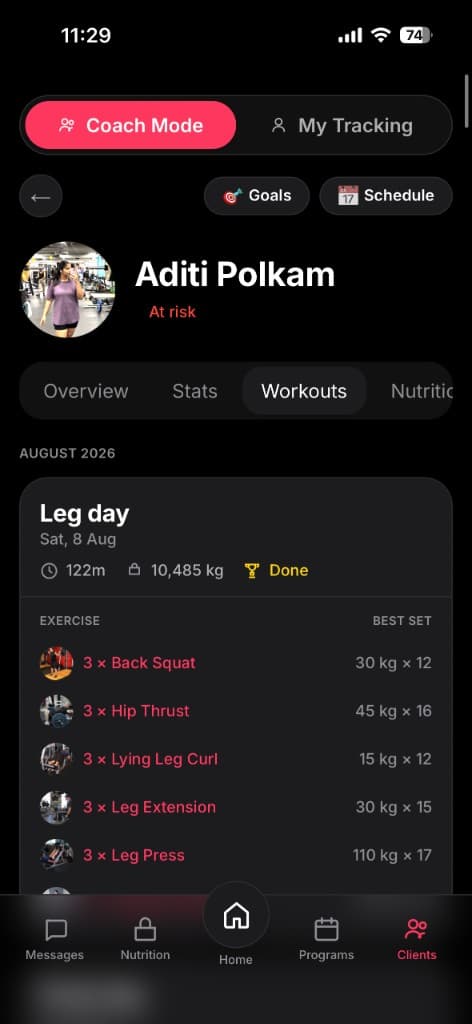 Aroven coach view of a client's Leg day workout with best sets