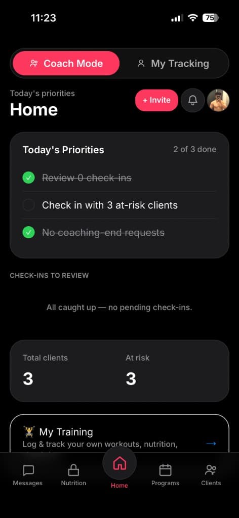 Aroven coach home with today's priorities, check-ins, and client stats