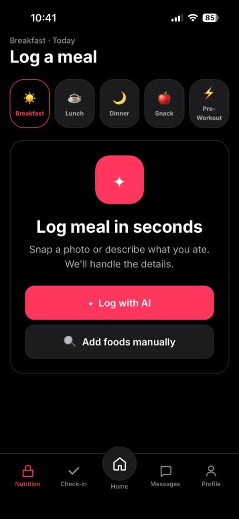 Aroven log a meal screen with AI logging and meal categories