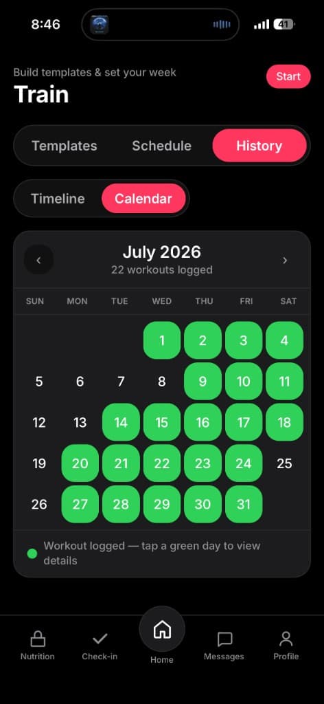 Aroven workout history calendar showing training consistency