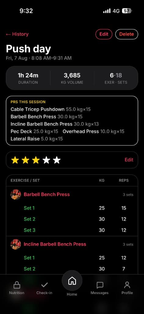 Aroven workout summary for Push day with duration, volume, PRs, and set-by-set logging